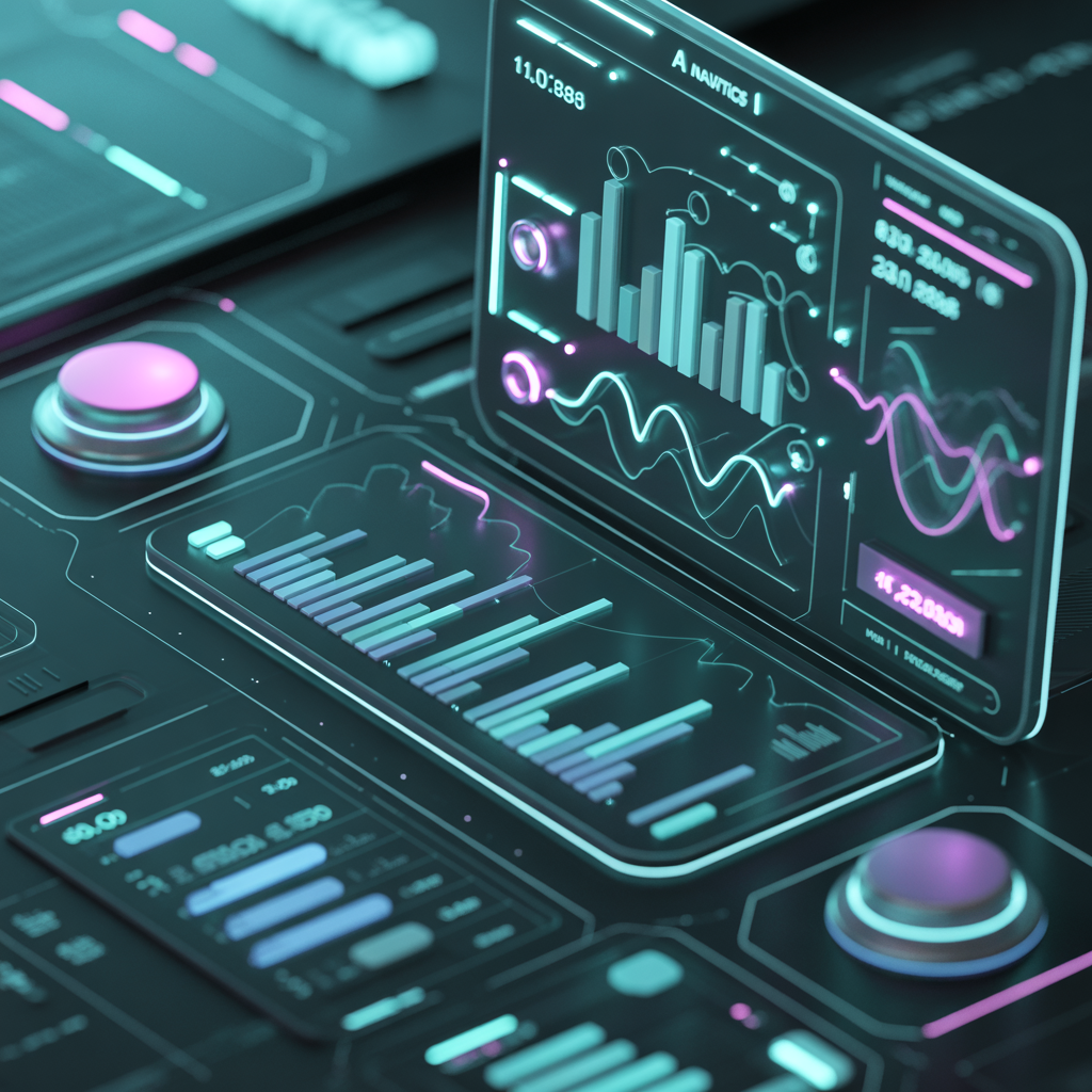 A sleek futuristic dashboard displaying holographic charts and graphs with AI analytics data, glowing teal and purple colors on a dark interface, 3D render, ultra detailed